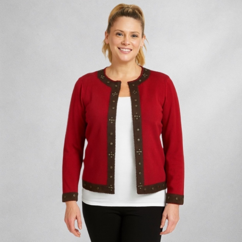 Yarns & Stitches Knit Womens S Cardigan  Burgundy Leather  Trim Hook & Eye